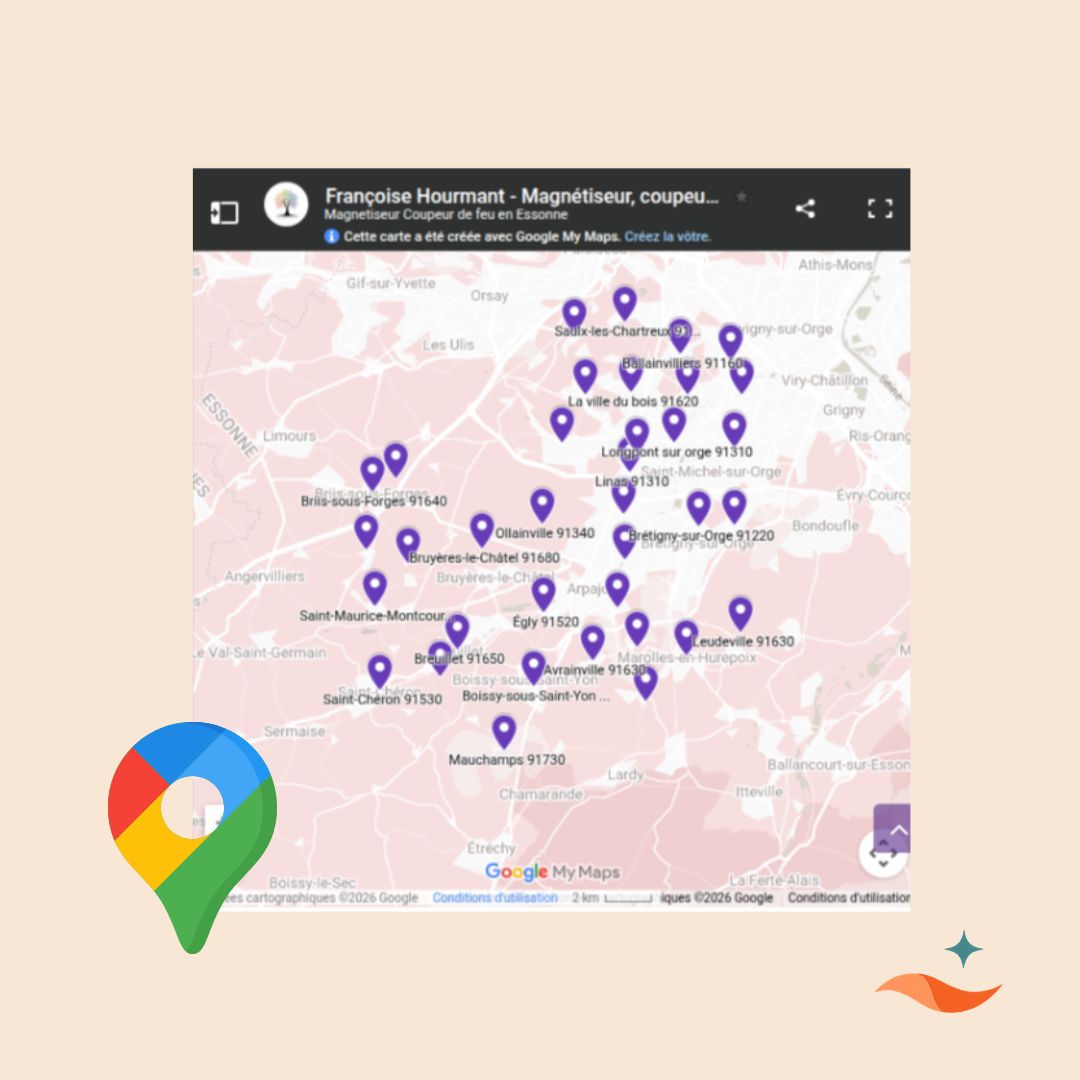 Carte personnalisée Google My Maps réunissant les communes de l'Essonne où l'activité intervient